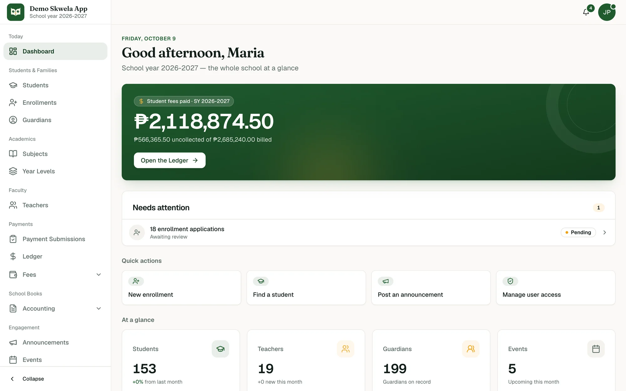 The administrator's dashboard in Skwela: student fees paid for the school year, what is still uncollected of what was billed, what needs attention, and the whole school at a glance.